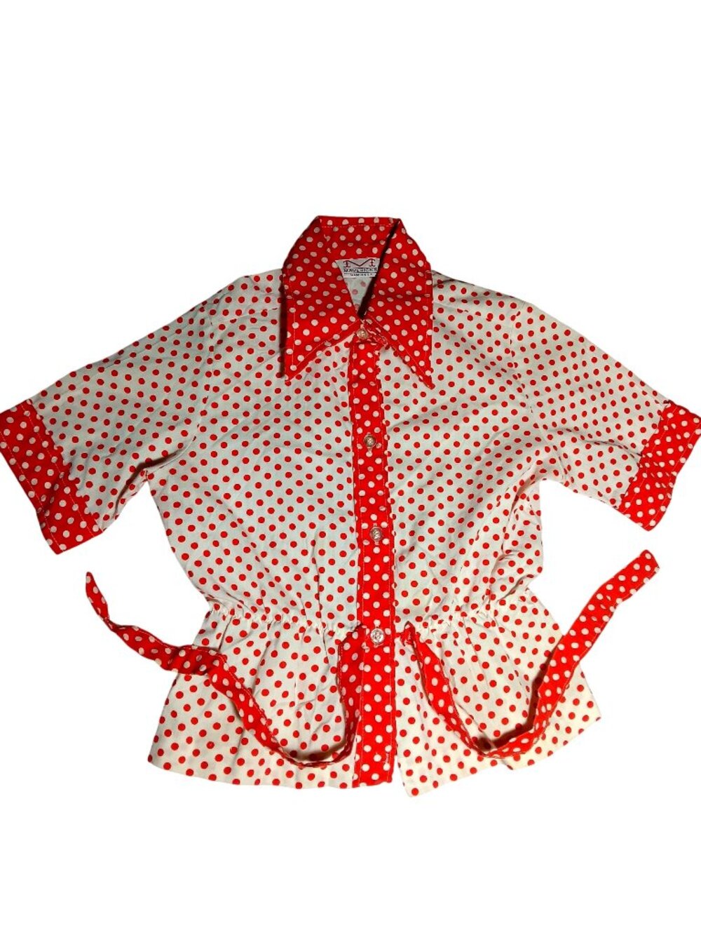 Vintage Girls 10 Blouse With Belted Waist 1970's Maverick Red & White Polka Dot